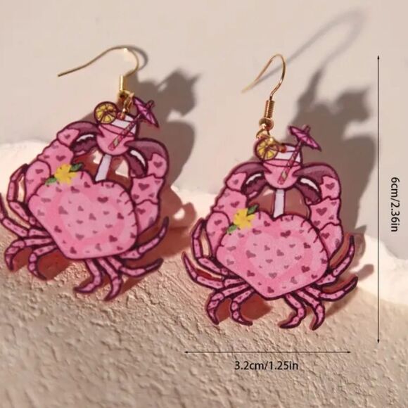 14k CRAB W/ COCKTAIL cute fun whimsical kawaii novelty earrings - Picture 2 of 6